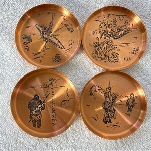 Vintage Hand Wrought Fantasy Copperware Copper Coasters x4